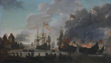 Los holandeses queman barcos ingleses durante la expedición a Chatham Raid en Medway 1667 Jan van Leyden 1669 Batalla naval Pinturas al óleo
